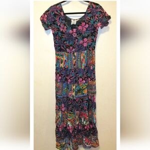 Vintage 90s Short Circuit Patchwork Colorful Print Grunge Maxi Sheer Dress sz M